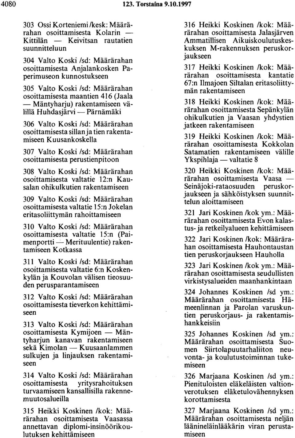 kunnostukseen 305 Valto Koski /sd: Määrärahan osoittamisesta maantien 416 (Jaala -Mäntyharju) rakentamiseen välillä Huhdasjärvi- Pärnämäki 306 Valto Koski /sd: Määrärahan osoittamisesta sillan ja