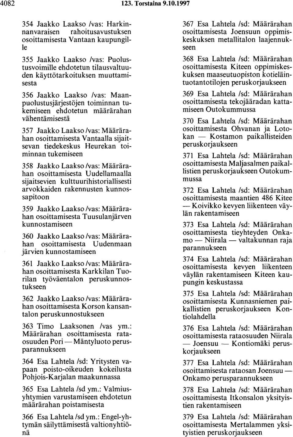 muuttamisesta 356 Jaakko Laakso /vas: Maanpuolustusjärjestöjen toiminnan tukemiseen ehdotetun määrärahan vähentämisestä 357 Jaakko Laakso /vas: Määrärahan osoittamisesta Vantaalla sijaitsevan