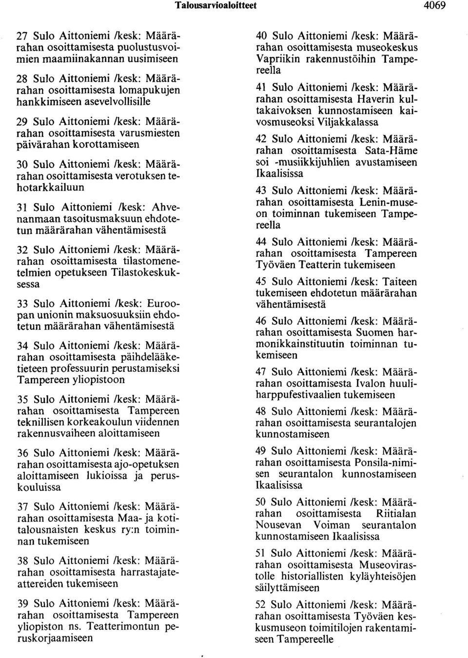 Aittaniemi /kesk: Ahvenanmaan tasoitusmaksuun ehdotetun määrärahan vähentämisestä 32 Sulo Aittaniemi /kesk: Määrärahan osoittamisesta tilastomenetelmien opetukseen Tilastokeskuksessa 33 Sulo