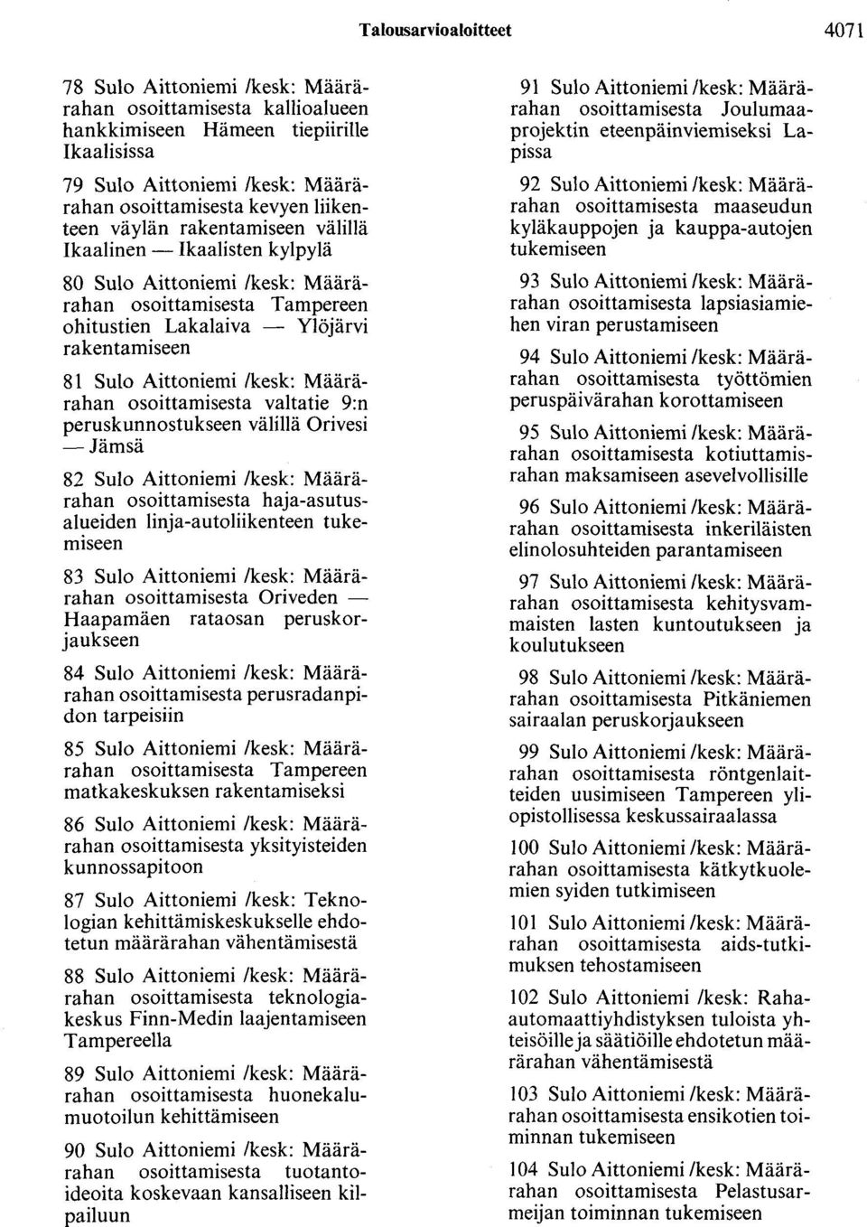 /kesk: Määrärahan osoittamisesta valtatie 9:n peruskunnostukseen välillä Orivesi -Jämsä 82 Sulo Aittaniemi /kesk: Määrärahan osoittamisesta haja-asutusalueiden linja-autoliikenteen tukemiseen 83 Sulo