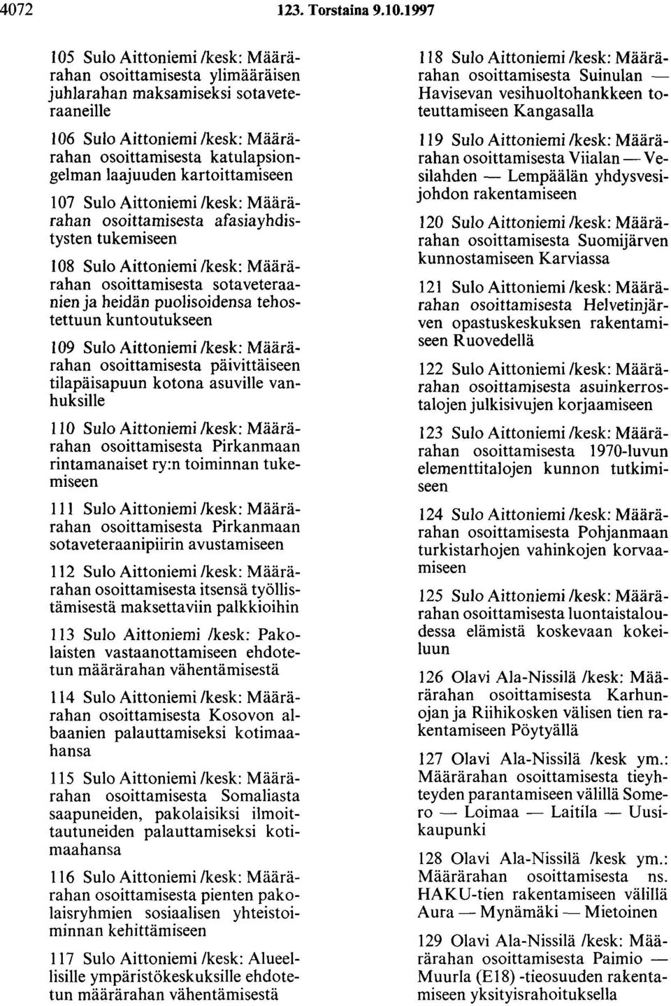 kartoittamiseen 107 Sulo Aittoniemi /kesk: Määrärahan osoittamisesta afasiayhdistysten tukemiseen 108 Sulo Aittoniemi /kesk: Määrärahan osoittamisesta sotaveteraanien ja heidän puolisoidensa