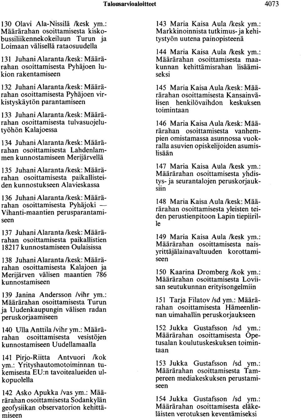 /kesk: Määrärahan osoittamisesta Pyhäjoen virkistyskäytön parantamiseen 133 Juhani Alaranta/kesk: Määrärahan osoittamisesta tulvasuojelutyöhön Kalajoessa 134 Juhani Alaranta /kesk: Määrärahan