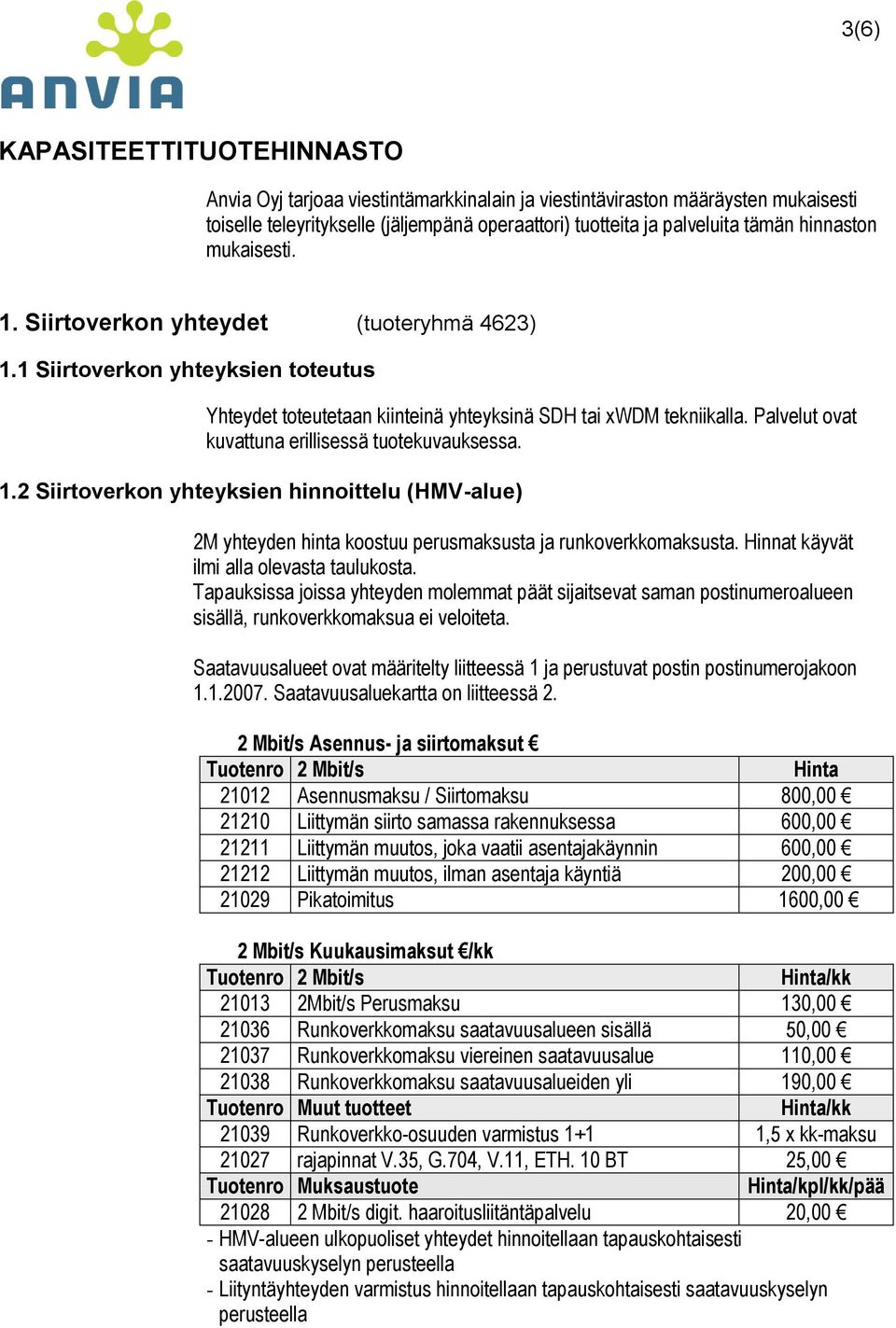 Palvelut ovat kuvattuna erillisessä tuotekuvauksessa. 1.2 Siirtoverkon yhteyksien hinnoittelu (HMV-alue) 2M yhteyden hinta koostuu perusmaksusta ja runkoverkkomaksusta.