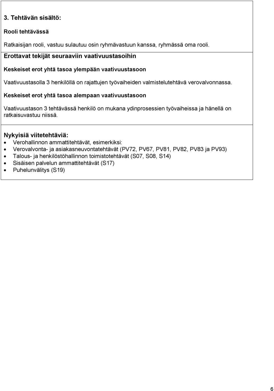 verovalvonnassa. Keskeiset erot yhtä tasoa alempaan vaativuustasoon Vaativuustason 3 tehtävässä henkilö on mukana ydinprosessien työvaiheissa ja hänellä on ratkaisuvastuu niissä.