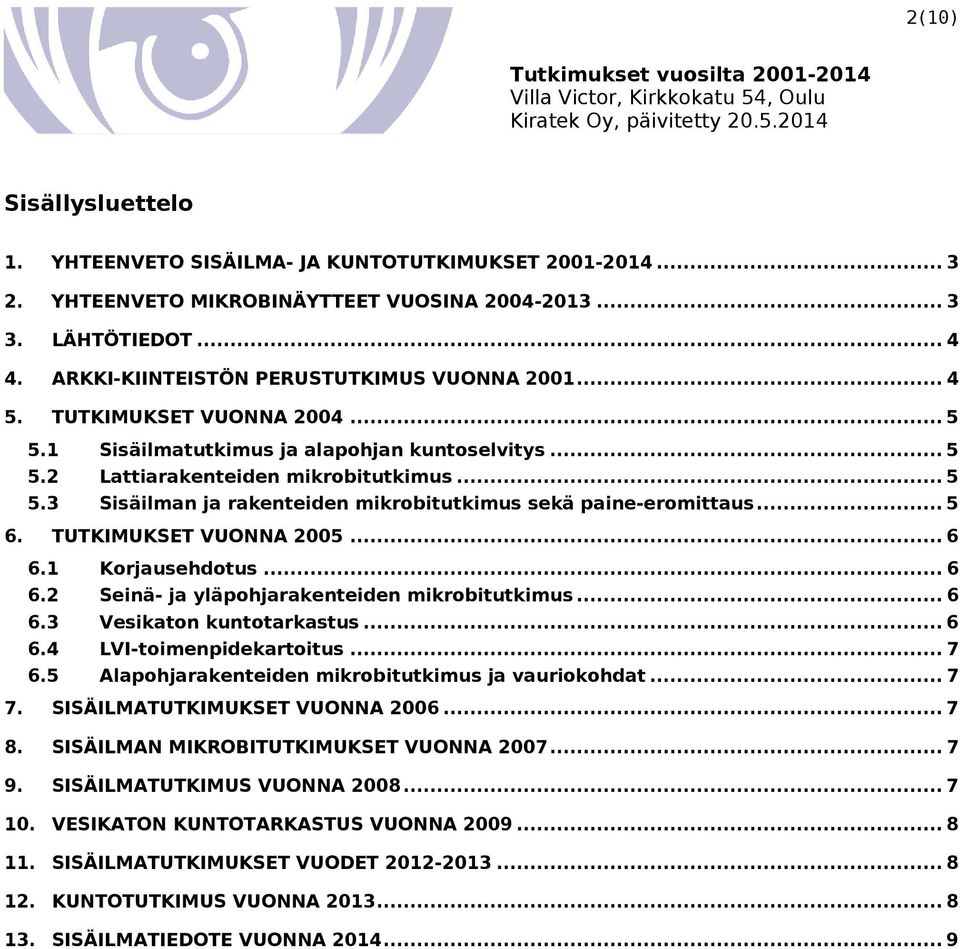 .. 5 6. TUTKIMUKSET VUONNA 2005... 6 6.1 Korjausehdotus... 6 6.2 Seinä- ja yläpohjarakenteiden mikrobitutkimus... 6 6.3 Vesikaton kuntotarkastus... 6 6.4 LVI-toimenpidekartoitus... 7 6.