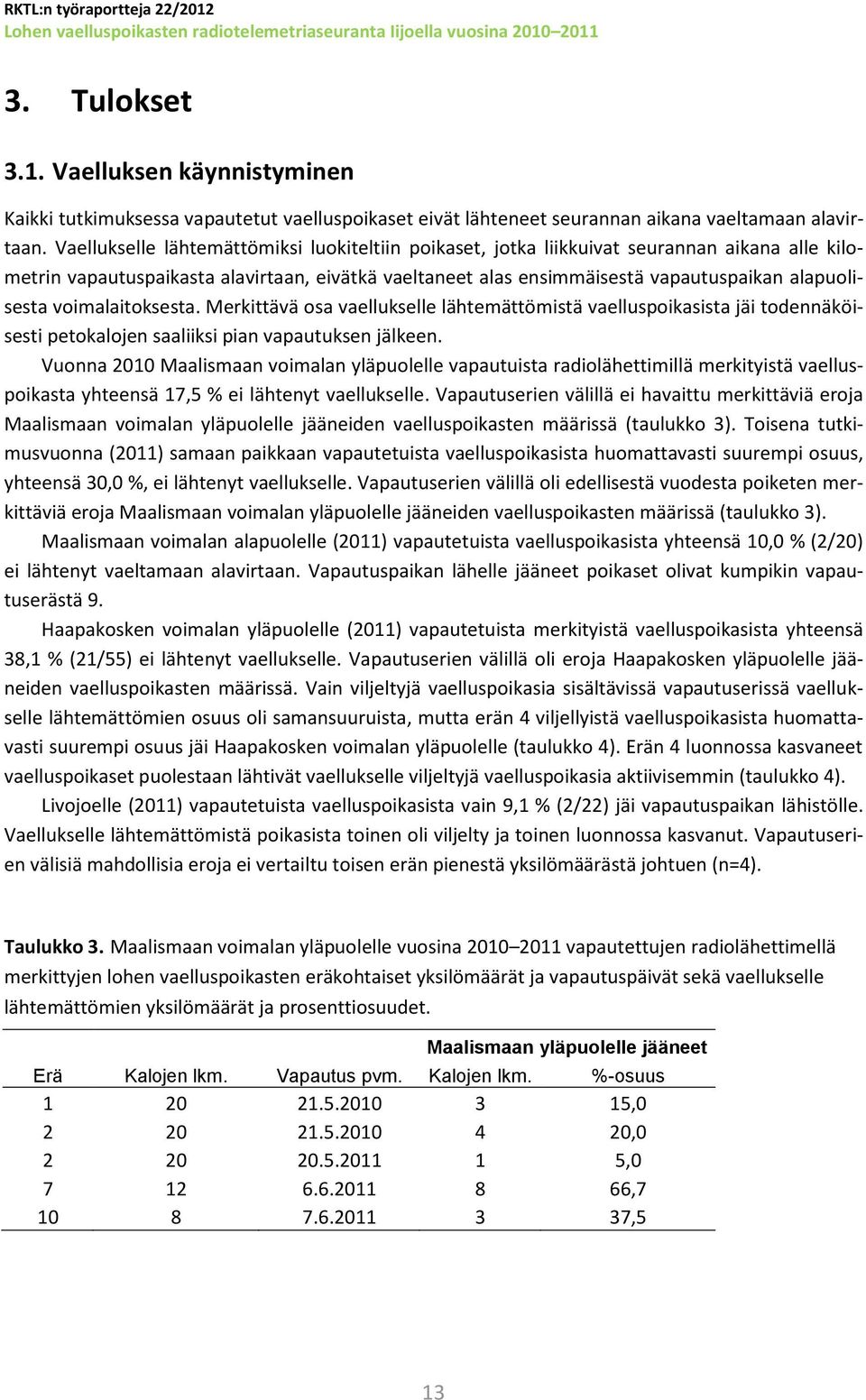 voimalaitoksesta. Merkittävä osa vaellukselle lähtemättömistä vaelluspoikasista jäi todennäköisesti petokalojen saaliiksi pian vapautuksen jälkeen.