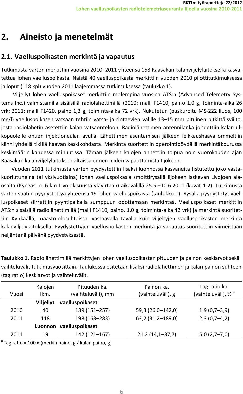 Näistä 40 vaelluspoikasta merkittiin vuoden 2010 pilottitutkimuksessa ja loput (118 kpl) vuoden 2011 laajemmassa tutkimuksessa (taulukko 1).