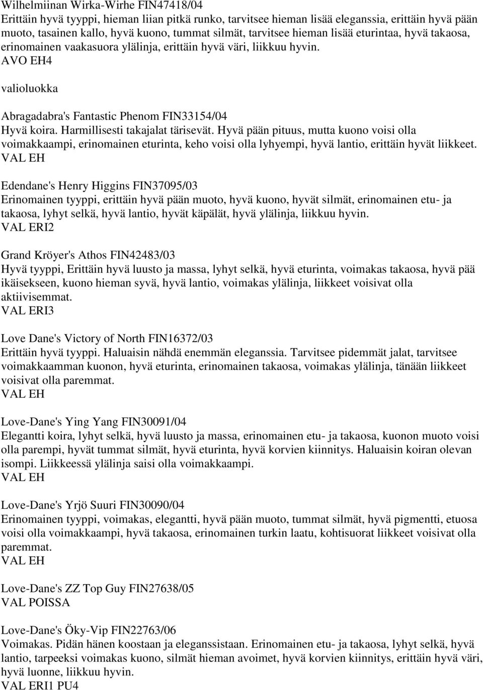 Harmillisesti takajalat tärisevät. Hyvä pään pituus, mutta kuono voisi olla voimakkaampi, erinomainen eturinta, keho voisi olla lyhyempi, hyvä lantio, erittäin hyvät liikkeet.