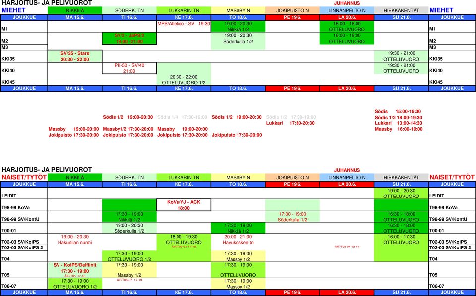 6. TI 16.6. KE 17.6. TO 18.6. PE 19.6. LA 20.6. SU 21.6. JOUKKUE Södis 15:00-18:00 Södis 1/2 19:00-20:30 Södis 1/4 17:30-19:00 Södis 1/2 19:00-20:30 Södis 1/2 17:30-19:00 Södis 1/2 18:00-19:30