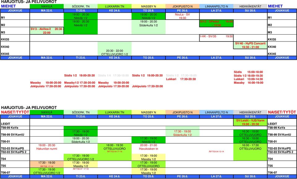 6. TI 23.6. KE 24.6. TO 25.6. PE 26.6. LA 27.6. SU 28.6. JOUKKUE Södis 15:00-18:00 Södis 1/2 19:00-20:30 Södis 1/4 17:30-19:00 Södis 1/2 19:00-20:30 Södis 1/2 17:30-19:00 Södis 1/2 18:00-19:30