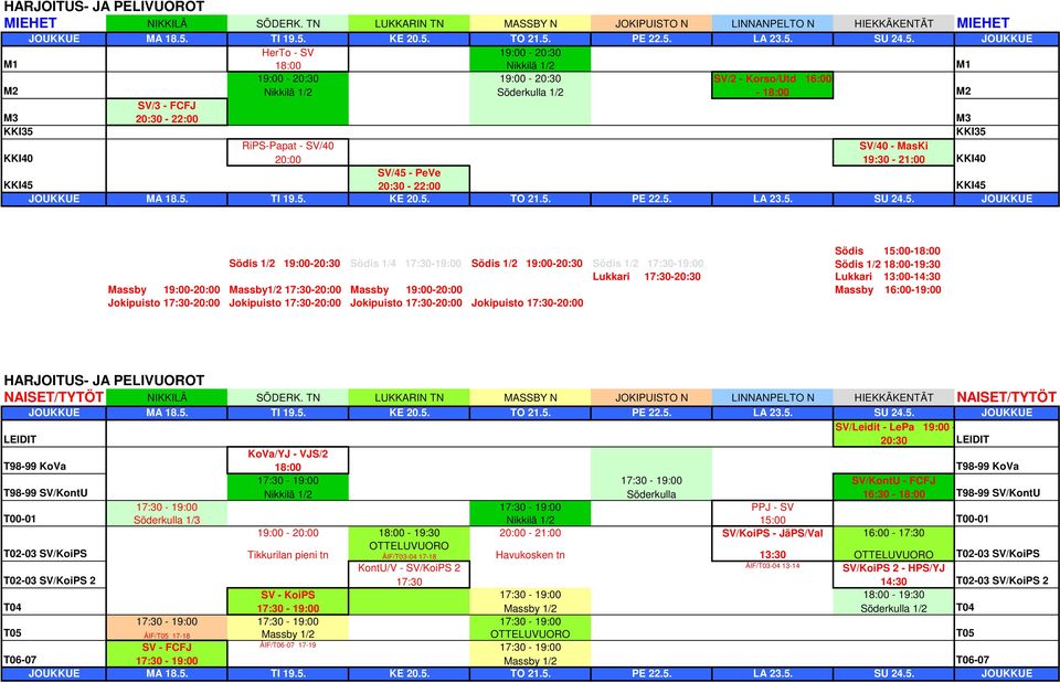 5. KE 20.5. TO 21.5. PE 22.5. LA 23.5. SU 24.5. JOUKKUE Södis 15:00-18:00 Södis 1/2 19:00-20:30 Södis 1/4 17:30-19:00 Södis 1/2 19:00-20:30 Södis 1/2 17:30-19:00 Södis 1/2 18:00-19:30 Lukkari