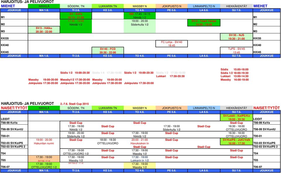 6. JOUKKUE Södis 15:00-18:00 Södis 1/2 19:00-20:30 Södis 1/4 17:30-19:00 Södis 1/2 19:00-20:30 Södis 1/2 17:30-19:00 Södis 1/2 18:00-19:30 Lukkari 17:30-20:30 Lukkari 13:00-14:30 19:00-20:00 1/2