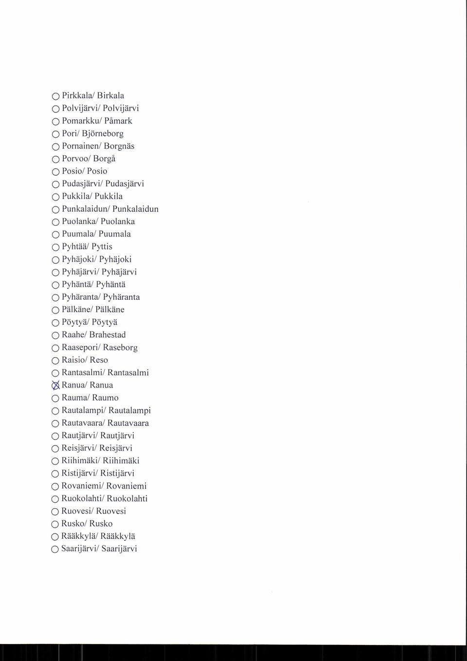 Pöytyä/ Pöytyä 0 Raahe/ Brahestad 0 Raasepori/ Raseborg 0 Raisio/ Reso 0 Rantasalmi/ Rantasalmi Z Ranua/ Ranua 0 Rauma / Raumo 0 Rautalampi/ Rautalampi 0 Rautavaara/ Rautavaara 0 Rautjärvi/