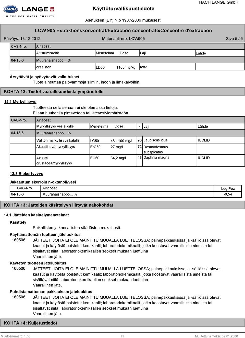 1 Myrkyllisyys CASNro. 64186 12.3 Biokertyvyys Tuotteesta sellaisenaan ei ole olemassa tietoja. Ei saa huuhdella pintaveteen tai jätevesiviemäristöön.