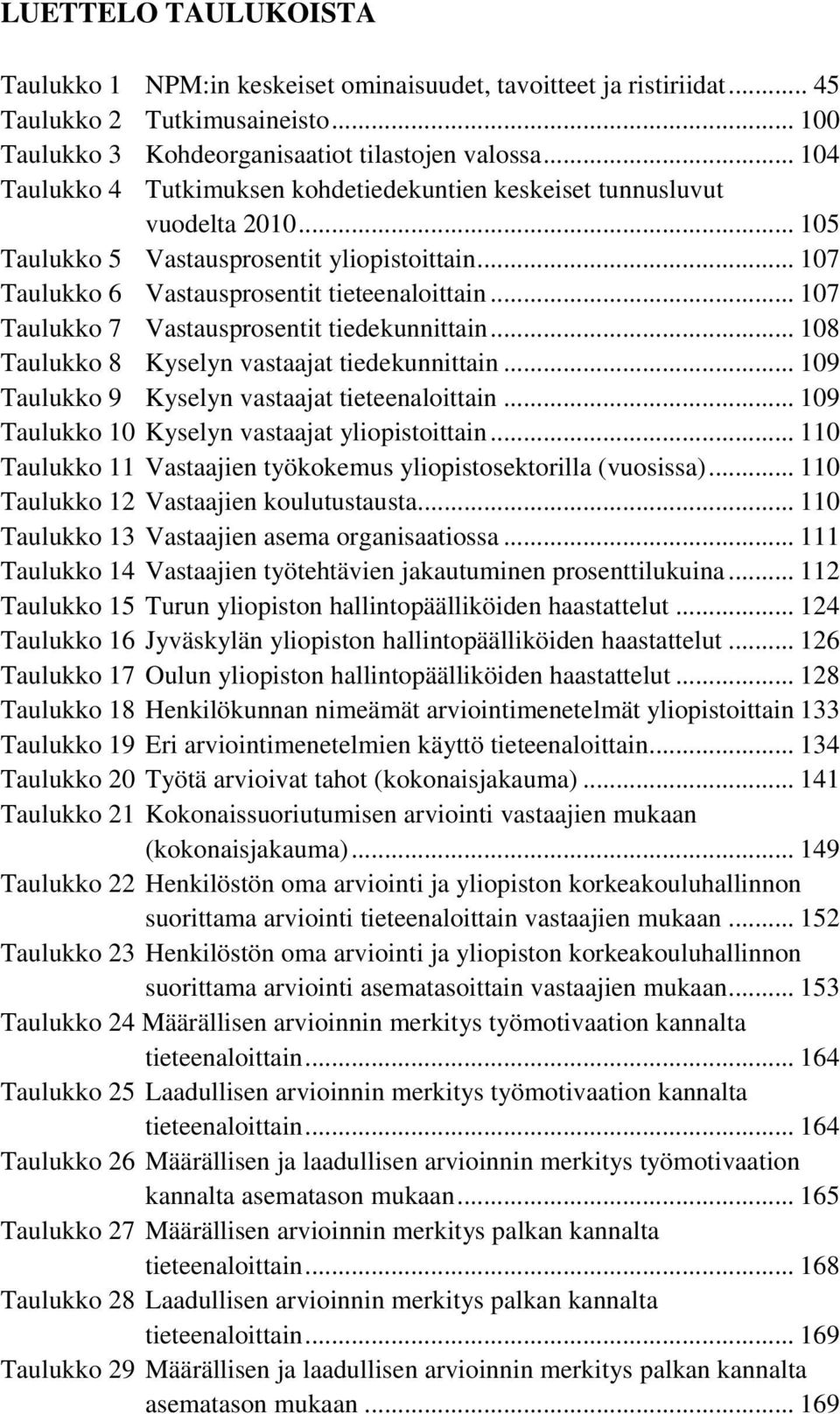 .. 107 Taulukko 7 Vastausprosentit tiedekunnittain... 108 Taulukko 8 Kyselyn vastaajat tiedekunnittain... 109 Taulukko 9 Kyselyn vastaajat tieteenaloittain.
