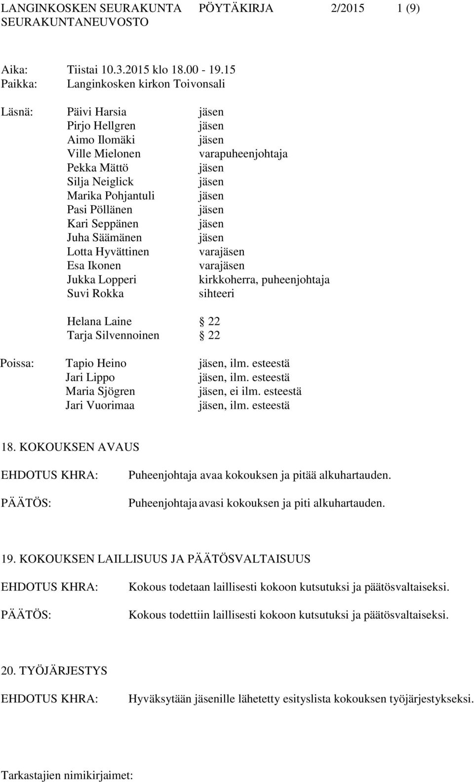 Juha Säämänen Lotta Hyvättinen vara Esa Ikonen vara Jukka Lopperi kirkkoherra, puheenjohtaja Suvi Rokka sihteeri Helana Laine 22 Tarja Silvennoinen 22 Poissa: Tapio Heino, ilm.