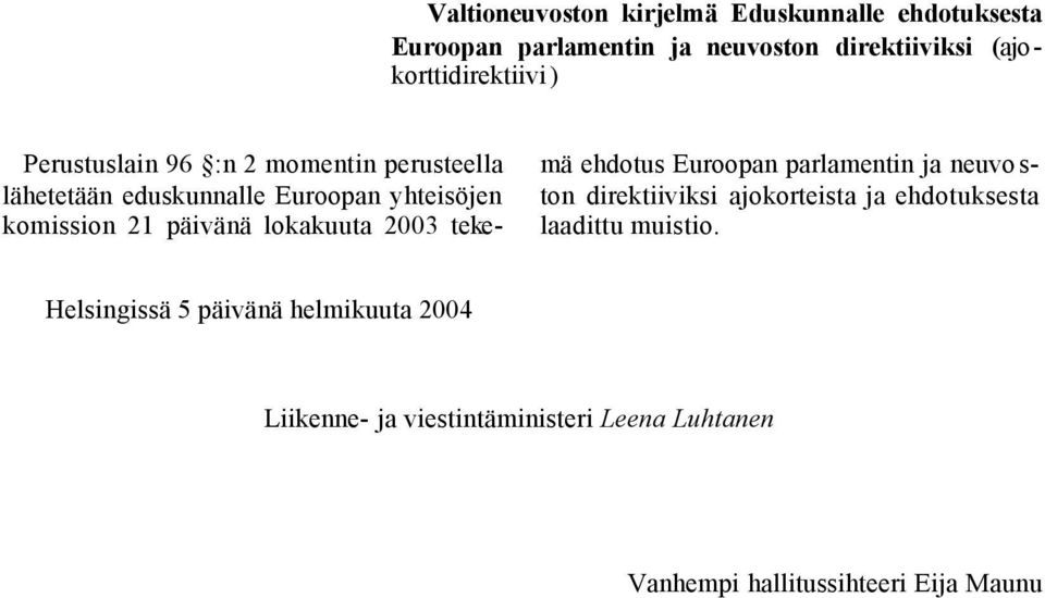 21 päivänä lokakuuta 2003 tekemä ehdotus Euroopan parlamentin ja neuvo s- ton direktiiviksi ajokorteista ja
