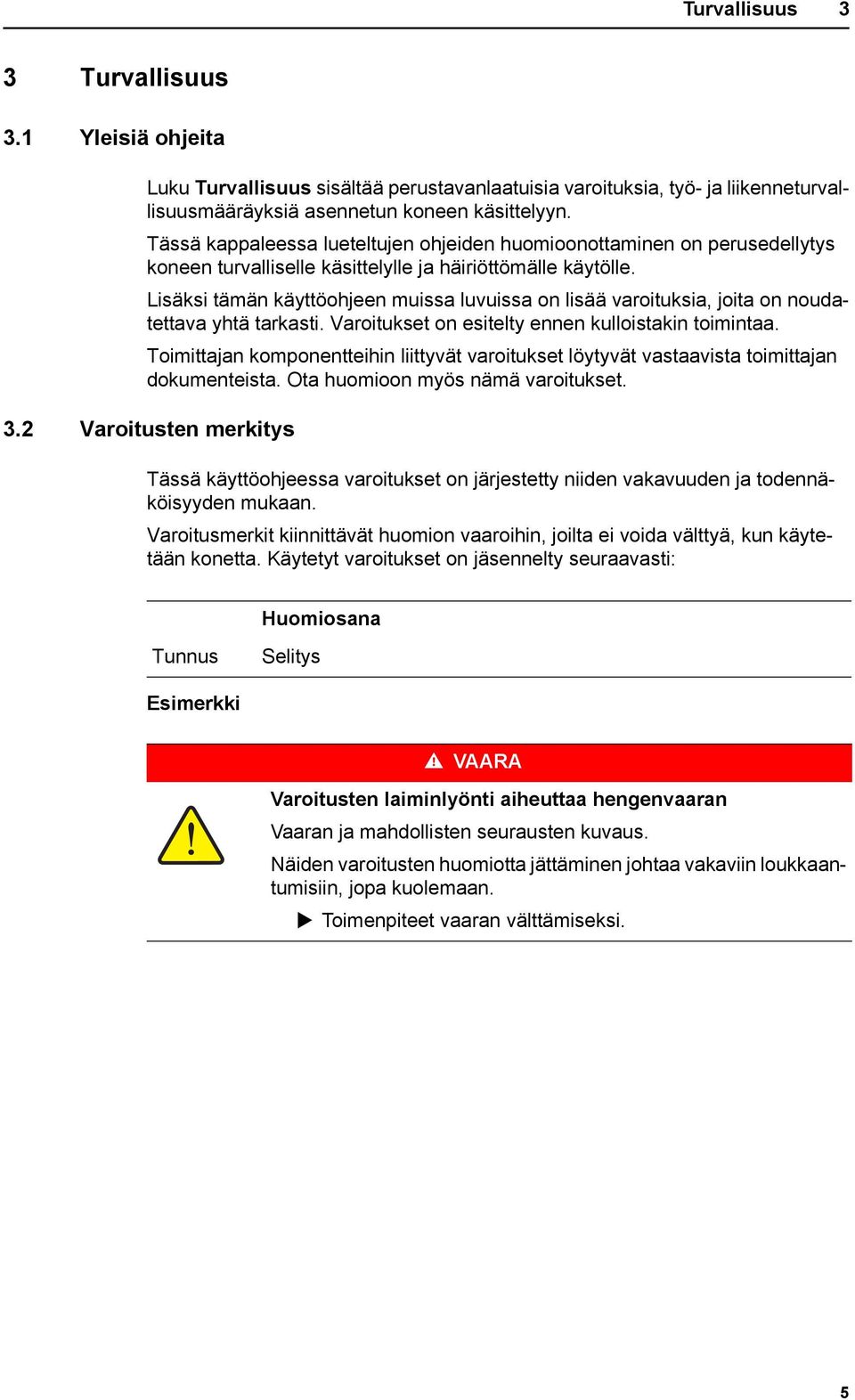 Lisäksi tämän käyttöohjeen muissa luvuissa on lisää varoituksia, joita on noudatettava yhtä tarkasti. Varoitukset on esitelty ennen kulloistakin toimintaa.