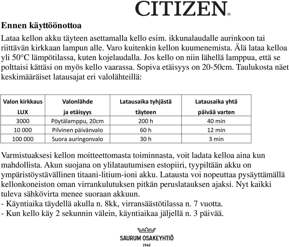Taulukosta näet keskimääräiset latausajat eri valolähteillä: Valon kirkkaus Valonlähde Latausaika tyhjästä Latausaika yhtä LUX ja etäisyys täyteen päivää varten 3000 Pöytälamppu, 20cm 200 h 40 min 10