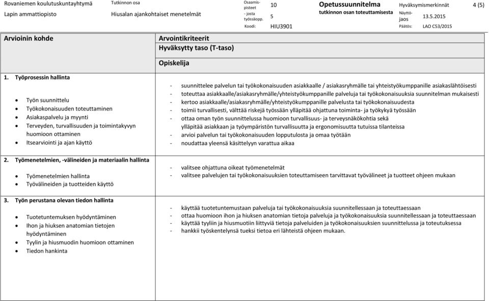 Työprosessin hallinta Työn suunnittelu Työkokonaisuuden toteuttaminen Asiakaspalvelu ja myynti Terveyden, turvallisuuden ja toimintakyvyn huomioon ottaminen Itsearviointi ja ajan käyttö 2.