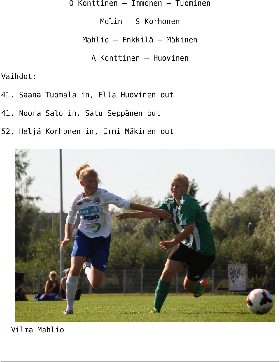 Saana Tuomala in, Ella Huovinen out 41.