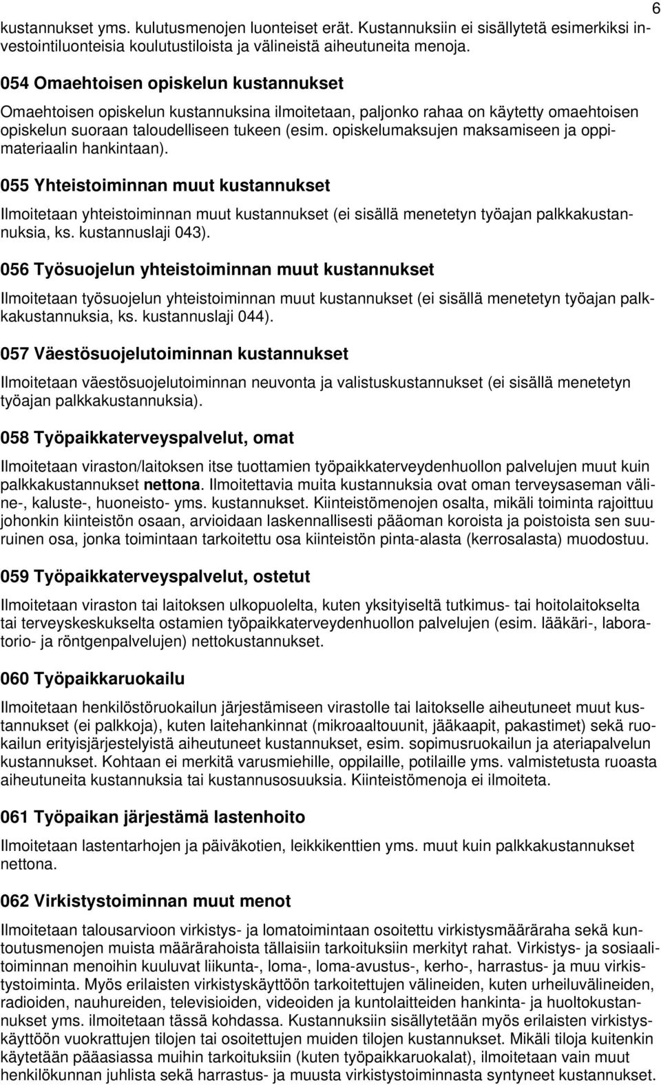 opiskelumaksujen maksamiseen ja oppimateriaalin hankintaan). 055 Yhteistoiminnan muut kustannukset Ilmoitetaan yhteistoiminnan muut kustannukset (ei sisällä menetetyn työajan palkkakustannuksia, ks.