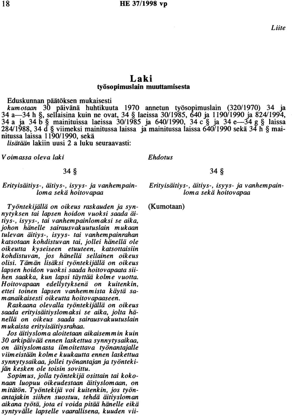 640/1990 sekä 34 h mainitussa laissa 1190/1990, sekä lisätään lakiin uusi 2 a luku seuraavasti: Voimassa oleva laki 34 Erityisäitiys-, äitiys-, isyys- ja vanhempainloma sekä hoitovapaa Työntekijällä