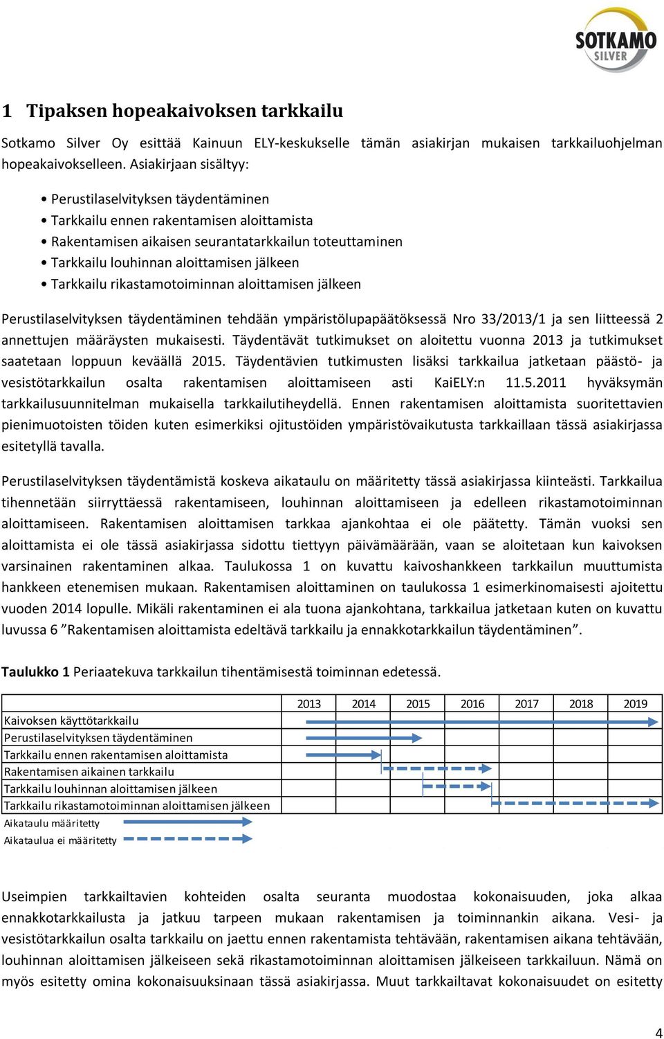 Tarkkailu rikastamotoiminnan aloittamisen jälkeen Perustilaselvityksen täydentäminen tehdään ympäristölupapäätöksessä Nro 33/2013/1 ja sen liitteessä 2 annettujen määräysten mukaisesti.