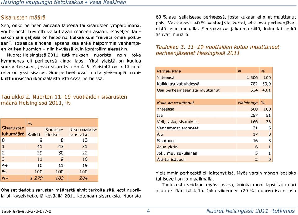 Nuoret Helsingissä 2011 -tutkimuksen nuorista noin joka kymmenes oli perheensä ainoa lapsi. Yhtä yleistä on kuulua suurperheeseen, jossa sisaruksia on 4 6. Yleisintä on, että nuorella on yksi sisarus.