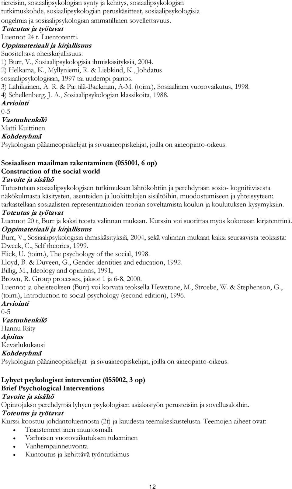 , Johdatus sosiaalipsykologiaan, 1997 tai uudempi painos. 3) Lahikainen, A. R. & Pirttilä-Backman, A-M. (toim.), Sosiaalinen vuorovaikutus, 1998. 4) Schellenberg. J. A., Sosiaalipsykologian klassikoita, 1988.