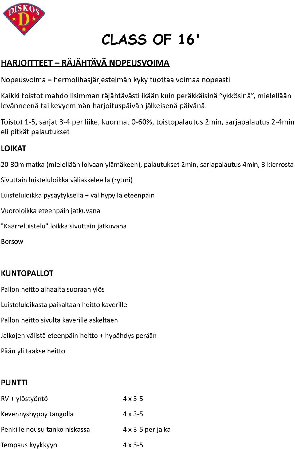 Toistot 1-5, sarjat 3-4 per liike, kuormat 0-60%, toistopalautus 2min, sarjapalautus 2-4min eli pitkät palautukset LOIKAT 20-30m matka (mielellään loivaan ylämäkeen), palautukset 2min, sarjapalautus