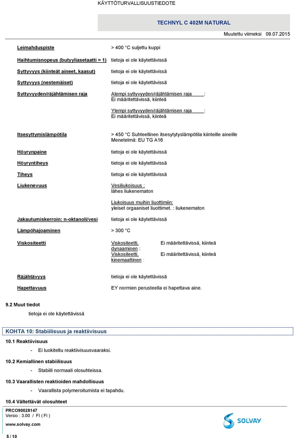 kiinteille aineille Menetelmä: EU TG A16 Liukenevuus Vesiliukoisuus : lähes liukenematon Liukoisuus muihin liuottimiin: yleiset orgaaniset liuottimet.