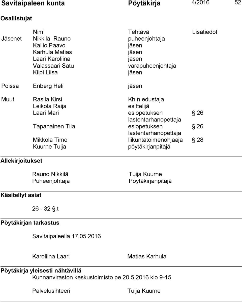 esiopetuksen 26 lastentarhanopettaja Mikkola Timo liikuntatoimenohjaaja 28 Kuurne Tuija pöytäkirjanpitäjä Allekirjoitukset Rauno Nikkilä Puheenjohtaja Tuija Kuurne Pöytäkirjanpitäjä Käsitellyt