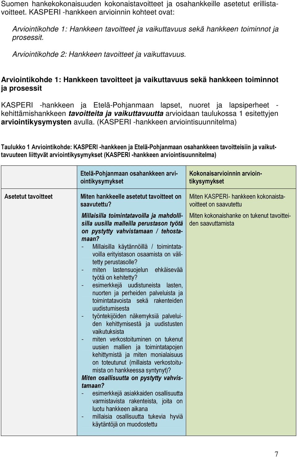 Arviointikohde 1: Hankkeen tavoitteet ja vaikuttavuus sekä hankkeen toiminnot ja prosessit KASPERI -hankkeen ja Etelä-Pohjanmaan lapset, nuoret ja lapsiperheet - kehittämishankkeen tavoitteita ja