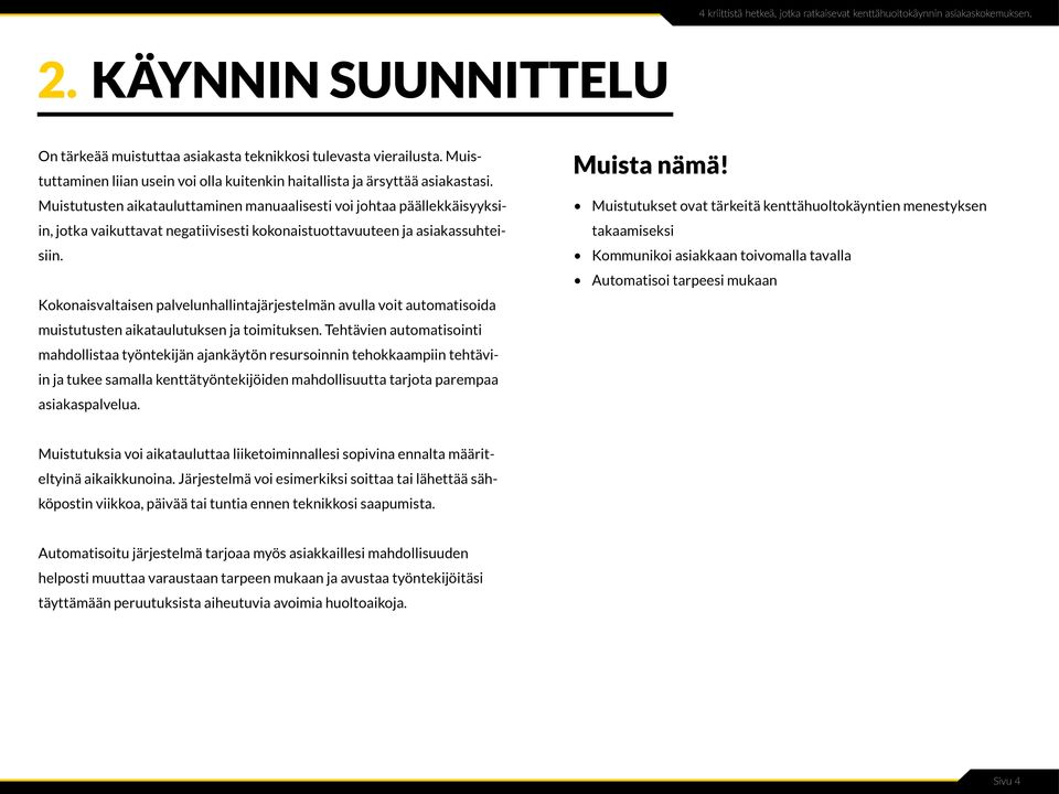 Kokonaisvaltaisen palvelunhallintajärjestelmän avulla voit automatisoida muistutusten aikataulutuksen ja toimituksen.