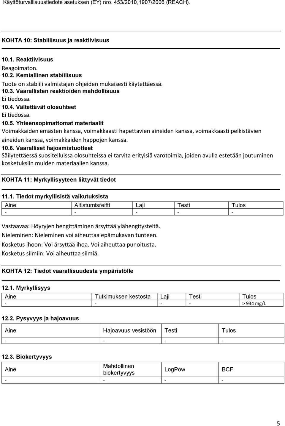 Yhteensopimattomat materiaalit Voimakkaiden emästen kanssa, voimakkaasti hapettavien aineiden kanssa, voimakkaasti pelkistävien aineiden kanssa, voimakkaiden happojen kanssa. 10.6.