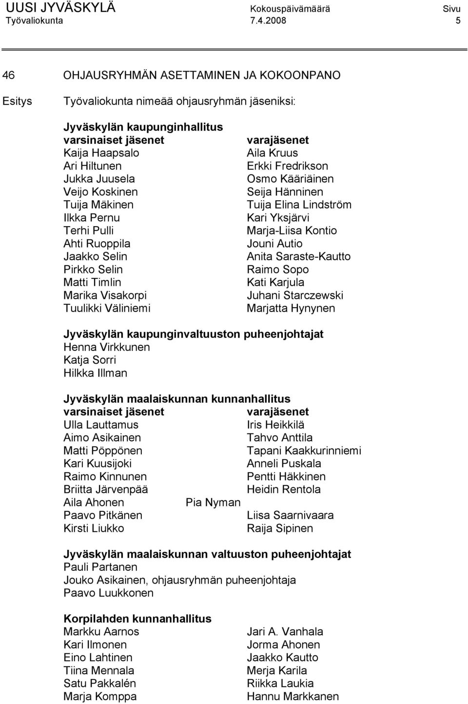 Tuija Mäkinen Ilkka Pernu Terhi Pulli Ahti Ruoppila Jaakko Selin Pirkko Selin Matti Timlin Marika Visakorpi Tuulikki Väliniemi varajäsenet Aila Kruus Erkki Fredrikson Osmo Kääriäinen Seija Hänninen