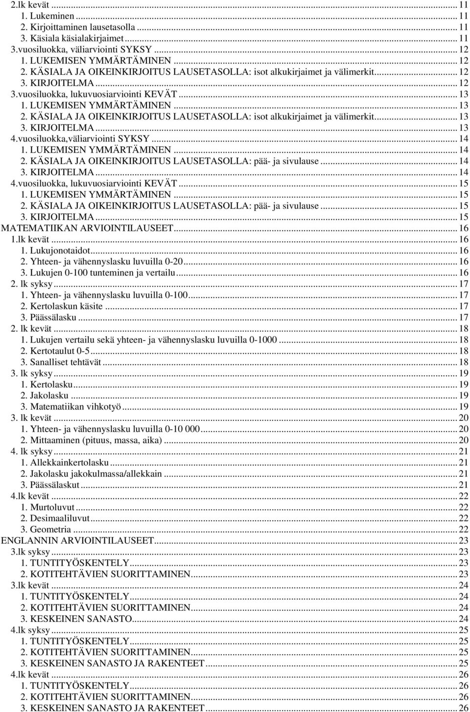 KÄSIALA JA OIKEINKIRJOITUS LAUSETASOLLA: isot alkukirjaimet ja välimerkit... 13 3. KIRJOITELMA... 13 4.vuosiluokka,väliarviointi SYKSY... 14 1. LUKEMISEN YMMÄRTÄMINEN... 14 2.