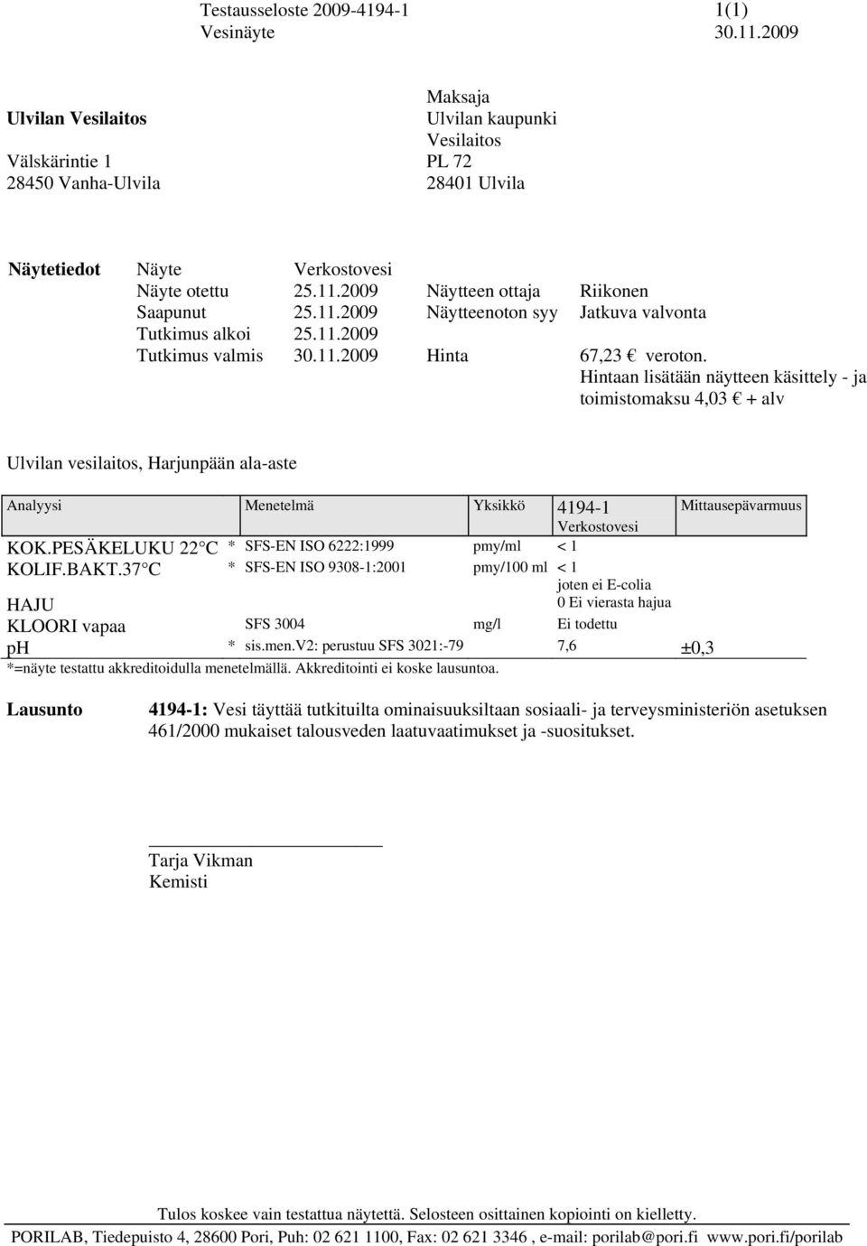 Ulvilan vesilaitos, Harjunpään ala-aste Analyysi Menetelmä Yksikkö 4194-1 Mittausepävarmuus KLOORI vapaa SFS 3004 mg/l Ei todettu ph *