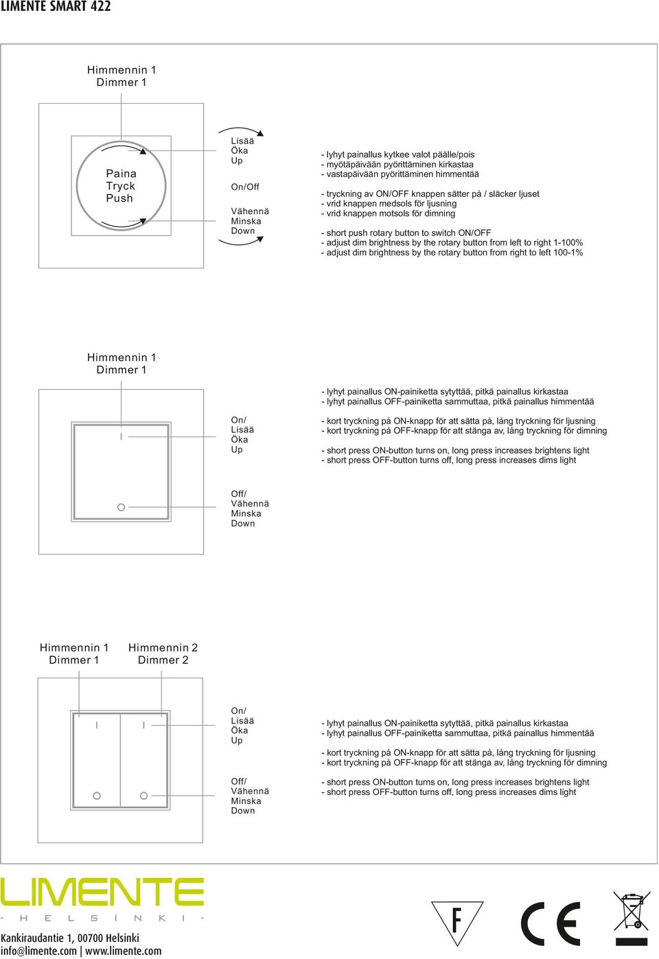 adjust dim brightness by the rotary button from left to right 1-100% - adjust dim brightness by the rotary button from right to left 100-1% Himmennin 1 Dimmer 1 - lyhyt painallus ON-painiketta