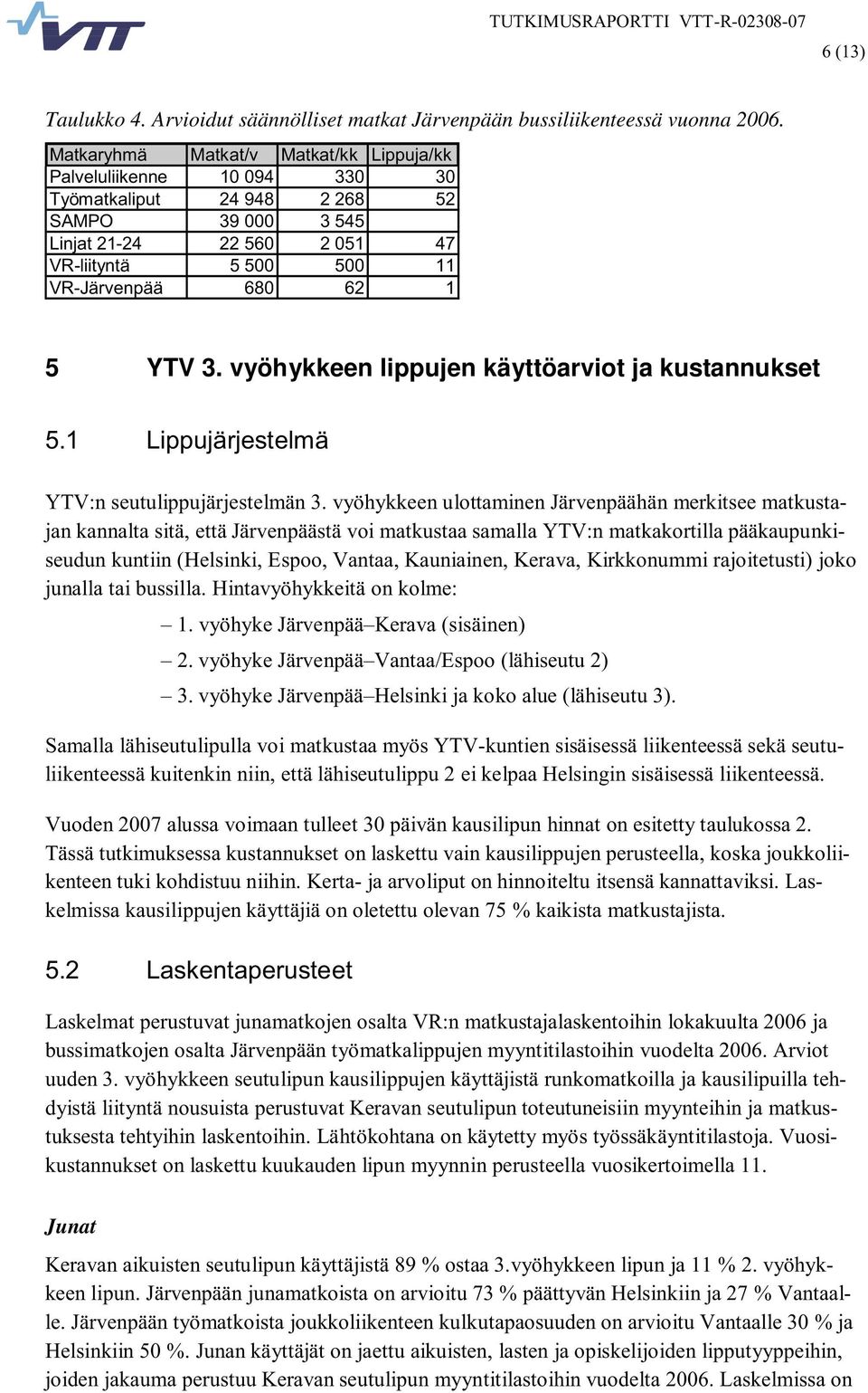 YTV 3. vyöhykkeen lippujen käyttöarviot ja kustannukset 5.1 Lippujärjestelmä YTV:n seutulippujärjestelmän 3.