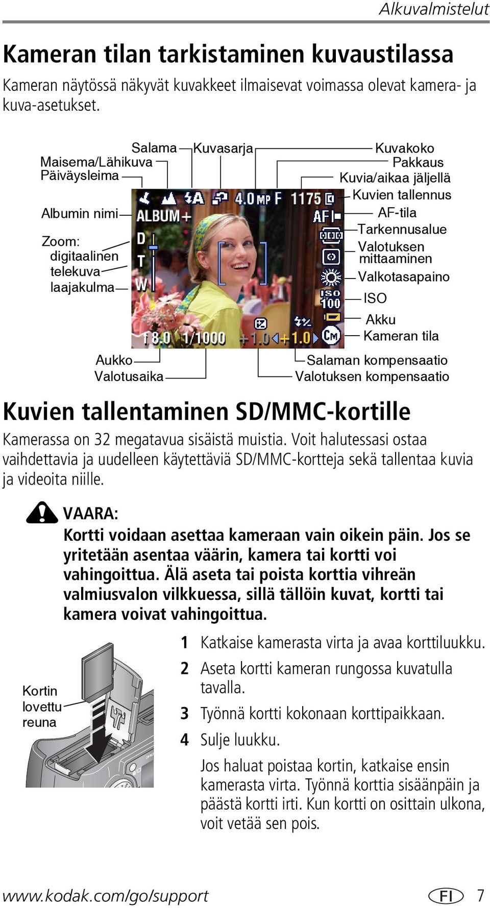 Voit halutessasi ostaa vaihdettavia ja uudelleen käytettäviä SD/MMC-kortteja sekä tallentaa kuvia ja videoita niille.