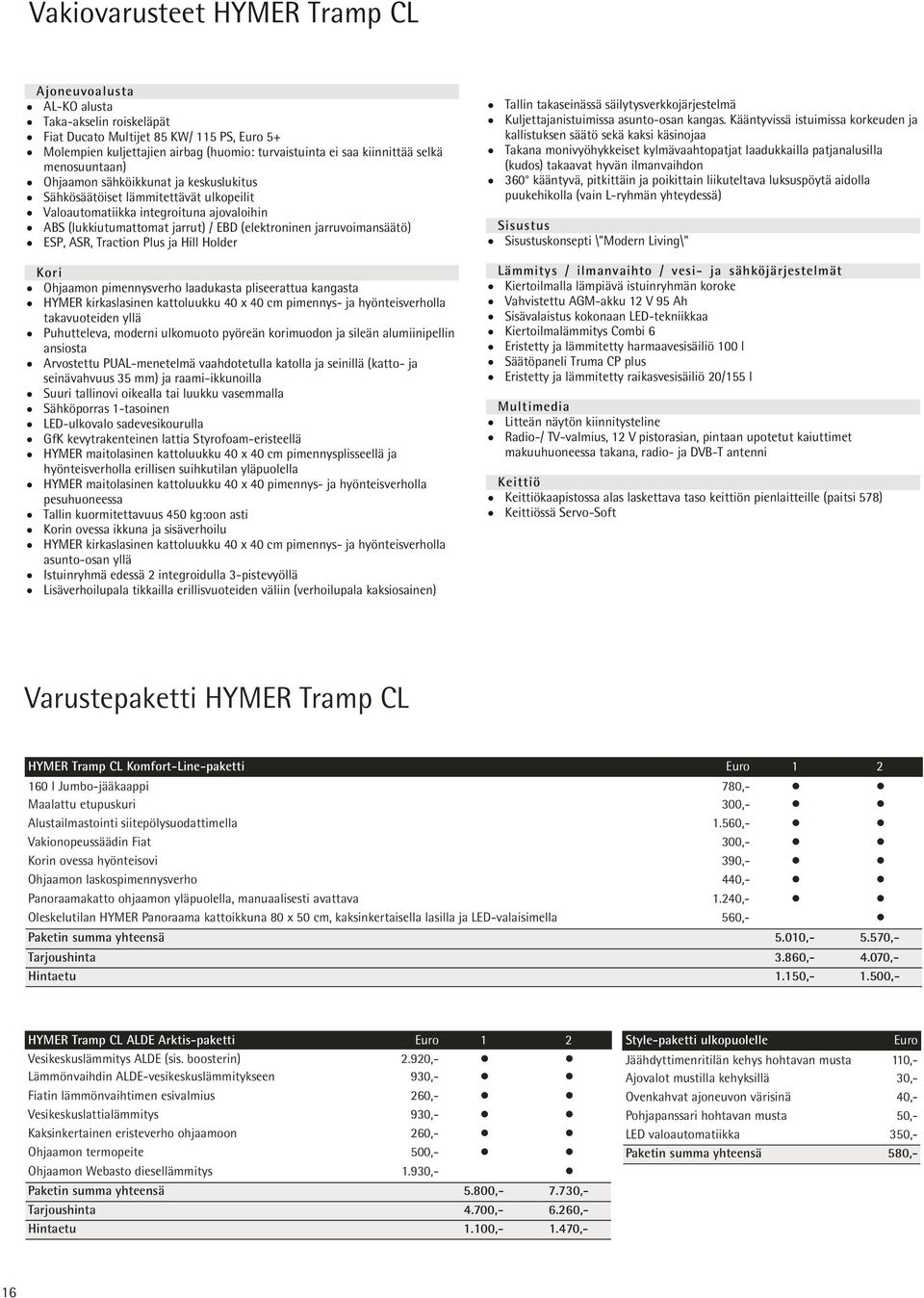 jarruvoimansäätö) ESP, ASR, Traction Plus ja Hill Holder Kori Ohjaamon pimennysverho laadukasta pliseerattua kangasta HYMER kirkaslasinen kattoluukku 40 x 40 cm pimennys- ja hyönteisverholla