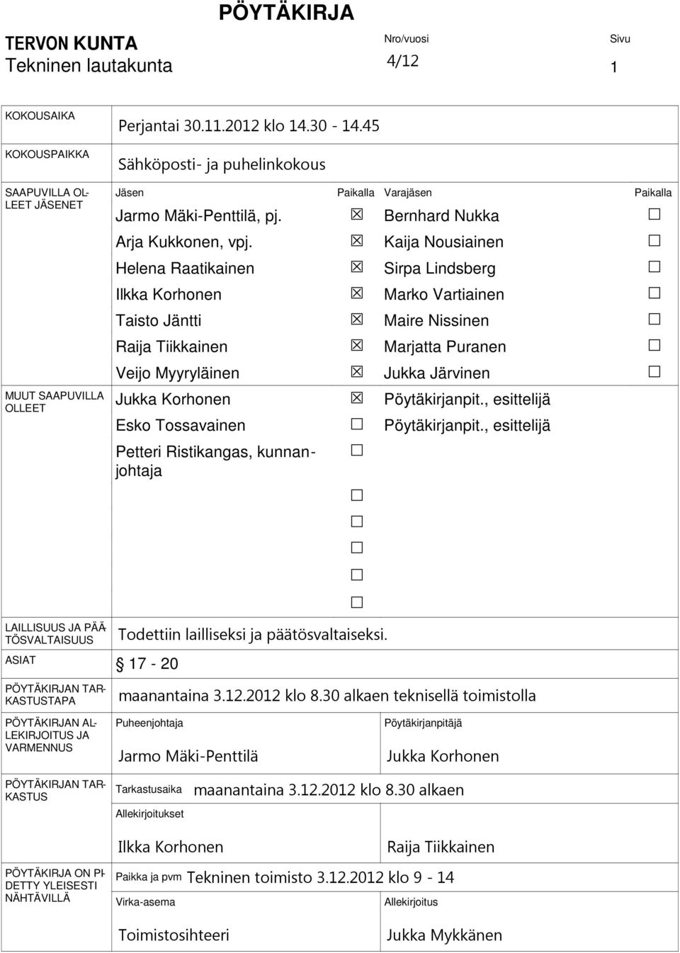 Helena Raatikainen Ilkka Korhonen Taisto Jäntti Raija Tiikkainen Veijo Myyryläinen Jukka Korhonen Esko Tossavainen Petteri Ristikangas, kunnanjohtaja Bernhard Nukka Kaija Nousiainen Sirpa Lindsberg