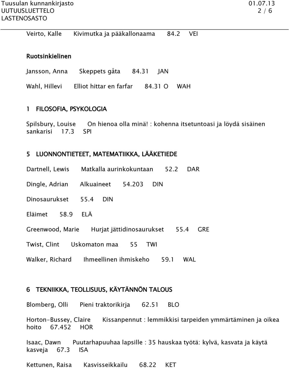 3 SPI 5 LUONNONTIETEET, MATEMATIIKKA, LÄÄKETIEDE Dartnell, Lewis Matkalla aurinkokuntaan 52.2 DAR Dingle, Adrian Alkuaineet 54.203 DIN Dinosaurukset 55.4 DIN Eläimet 58.