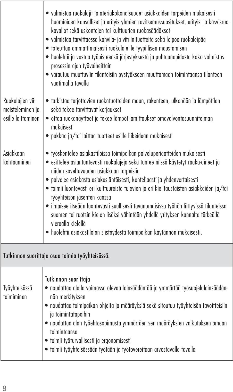 työpisteensä järjestyksestä ja puhtaanapidosta koko valmistusprosessin ajan työvaiheittain varautuu muuttuviin tilanteisiin pystyäkseen muuttamaan toimintaansa tilanteen vaatimalla tavalla