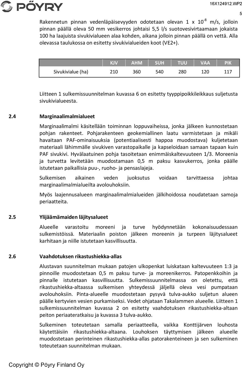 aikana jolloin pinnan päällä on vettä. Alla olevassa taulukossa on esitetty sivukivialueiden koot (VE2+).