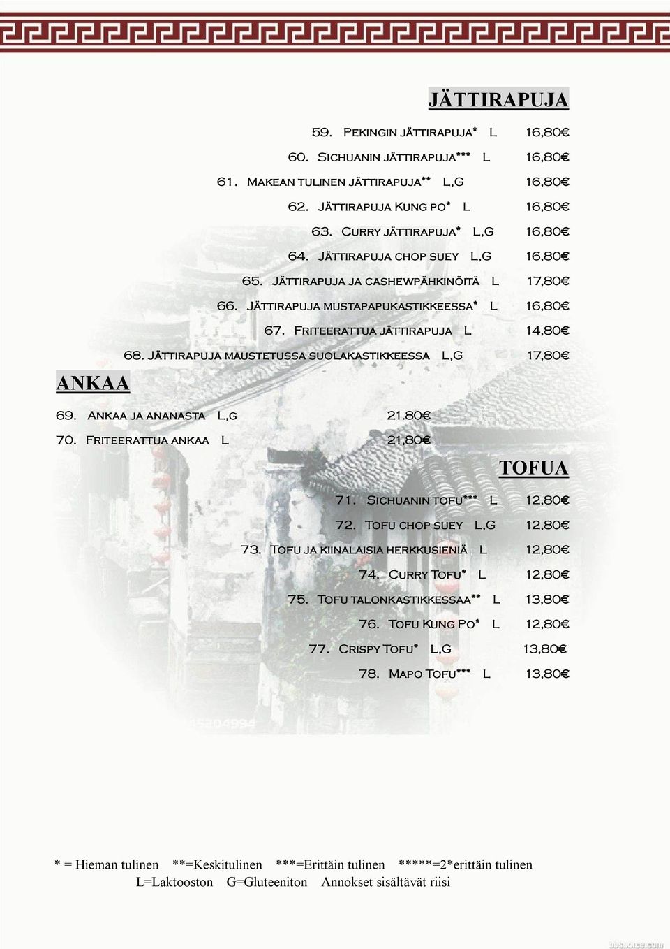 Jättirapuja maustetussa suolakastikkeessa L,G 17,80 69. Ankaa ja ananasta L,g 21.80 70. Friteerattua ankaa L 21,80 TOFUA 71. Sichuanin tofu*** L 12,80 72. Tofu chop suey L,G 12,80 73.