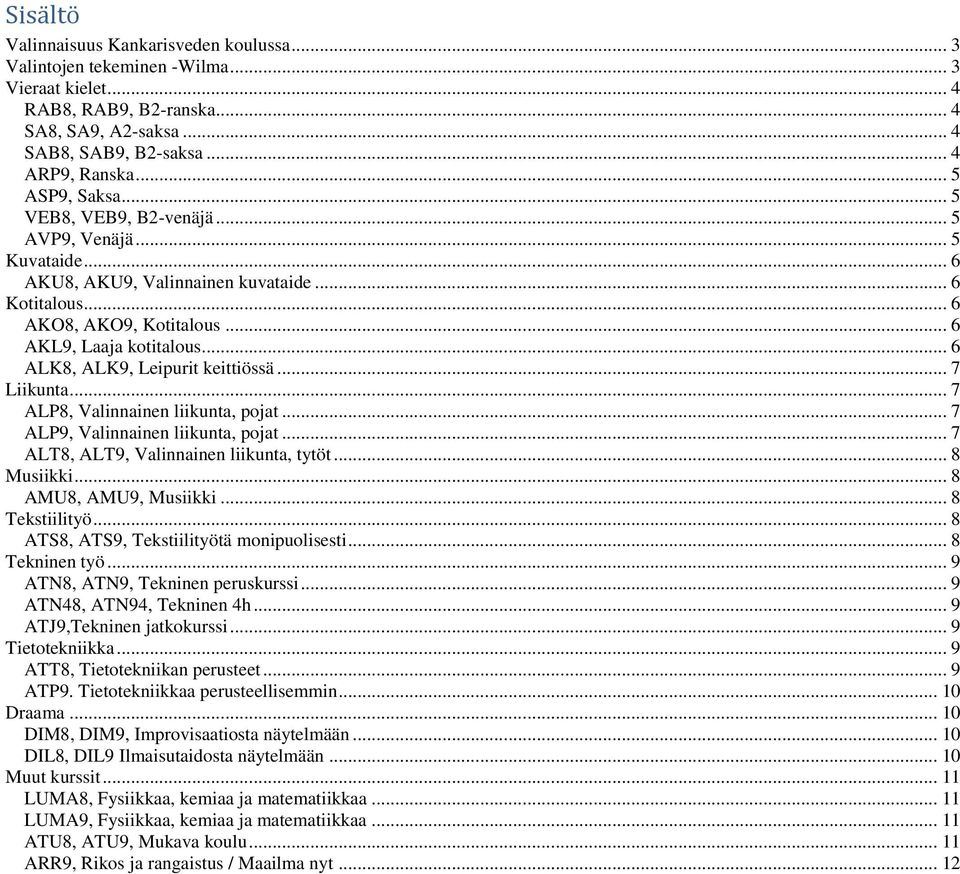 .. 6 ALK8, ALK9, Leipurit keittiössä... 7 Liikunta... 7 ALP8, Valinnainen liikunta, pojat... 7 ALP9, Valinnainen liikunta, pojat... 7 ALT8, ALT9, Valinnainen liikunta, tytöt... 8 Musiikki.