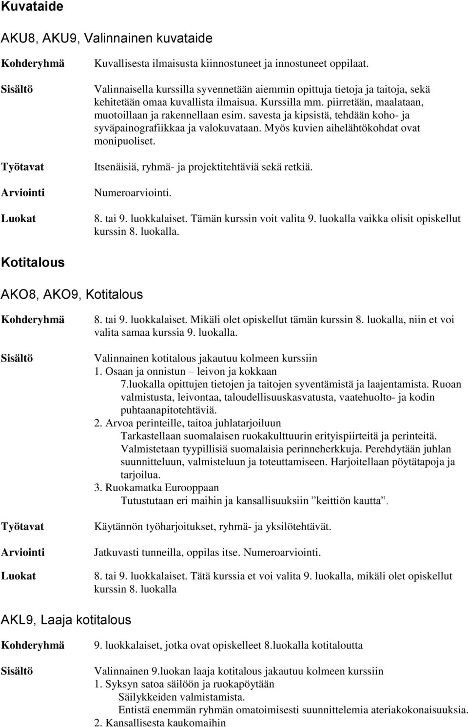 savesta ja kipsistä, tehdään koho- ja syväpainografiikkaa ja valokuvataan. Myös kuvien aihelähtökohdat ovat monipuoliset. Itsenäisiä, ryhmä- ja projektitehtäviä sekä retkiä. 8. tai 9. luokkalaiset.